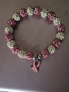 Pink & White Crystal Bead Breast Cancer Awareness Stretch Bracelet